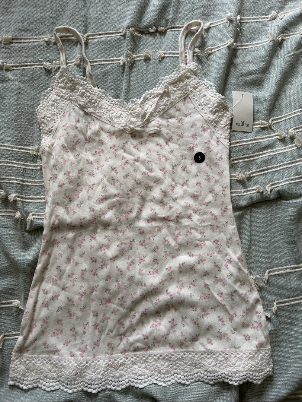 Hollister White Cami with Pink Floral & Lace Trim